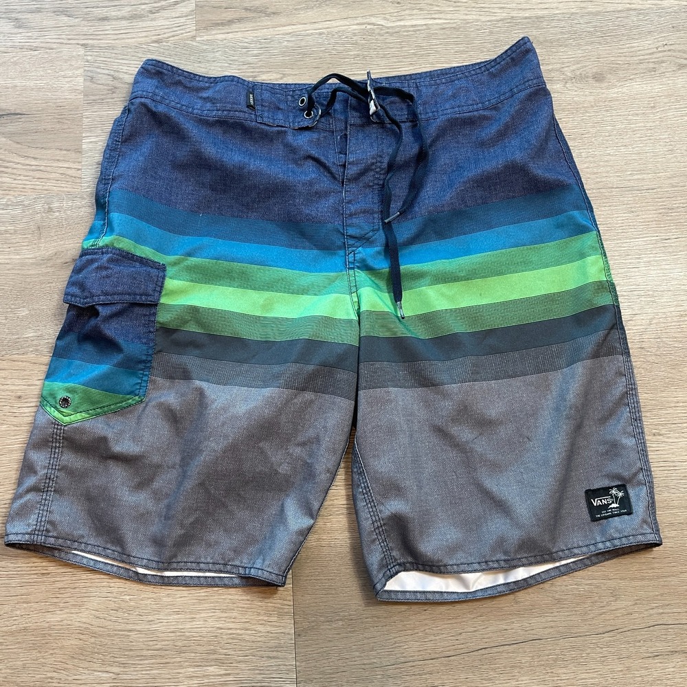 Vans Mens Board Shorts Swim Trunks Striped Blue Green Gray Size 34
